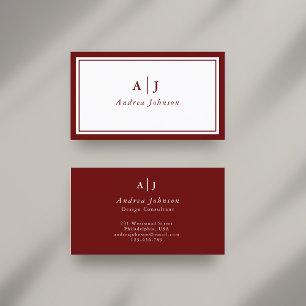 Minimalist Maroon Red Two Border Monogram Business Card