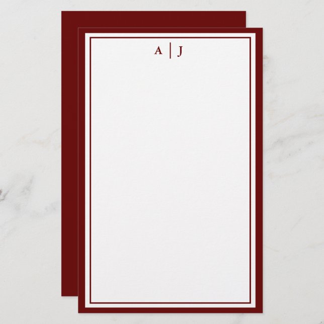 Minimalist Maroon Red Two Border Monogram Stationery (Front/Back)