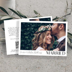 Minimalist Married 2 Photo Script QR Code Wedding Announcement