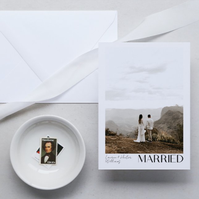 Minimalist Married 3 Photo Script QR Code Wedding Announcement (Wedded Bliss! Join Our Post-Wedding Bash 🥂🎉 [Customize Here])