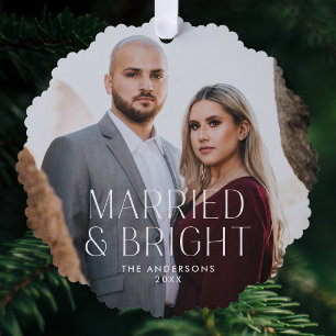Minimalist Married and Bright Photo Holiday Tree Decoration Card
