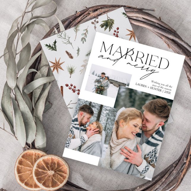 Minimalist Married and Merry Newlywed Photo Holiday Card (Easily personalize this newlywed photo holiday card with your three favorite image and deets)