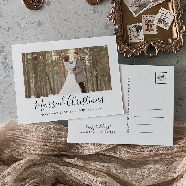 Minimalist Married Christmas Newlywed Thank You Holiday Postcard (Creator Uploaded)