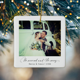 Minimalist Married & Merry Christmas Photo Ceramic Ornament