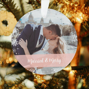 Minimalist Married & Merry Our First Xmas 2 Photos Ornament