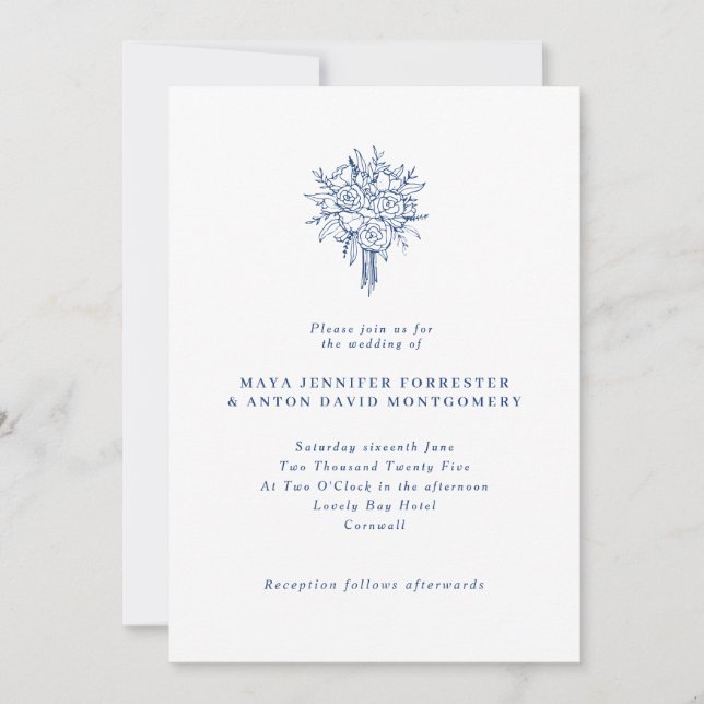 Minimalist Marseille Bleu Line Art Floral Wedding Invitation (Front)
