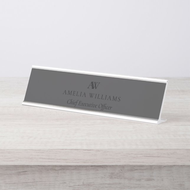 Minimalist Matte Black Monogram Desk Name Plate (Front)