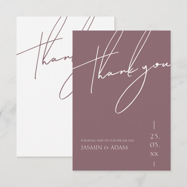 Minimalist Mauve Purple Script Typography Wedding Thank You Card (Front/Back)