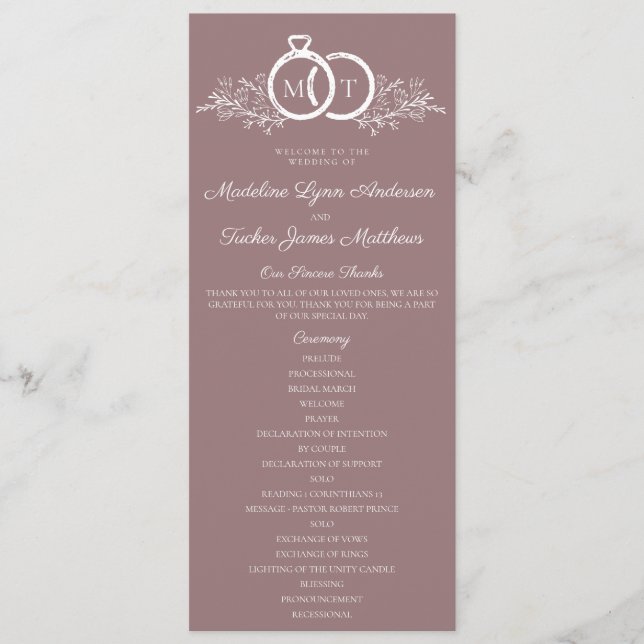 Minimalist Mauve Wedding Ring Monogram Wedding  Programme (Front)