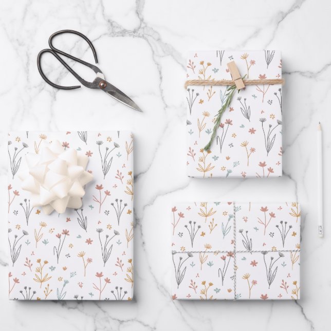 Minimalist Meadowcore Neutral Wildflowers Pattern Wrapping Paper Sheet (Front)
