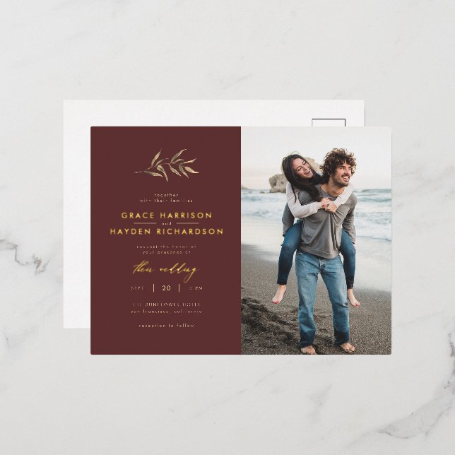 Minimalist Merlot Red & Sepia Branch Wedding Photo Foil Invitation Postcard (Front/Back)
