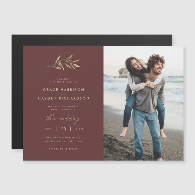 Minimalist Merlot Red & Sepia Branch Wedding Photo Magnetic Invitation (Front/Back)