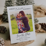 Minimalist Merry & Almost Married Save the Date Holiday Card<br><div class="desc">This minimalist merry and almost married save the date holiday card is the perfect simple holiday greeting for an engaged couple. The design features classic black and white typography paired with a rustic yet elegant script font with hand lettered style. Personalize the card with your engagement photo, names, wedding date....</div>