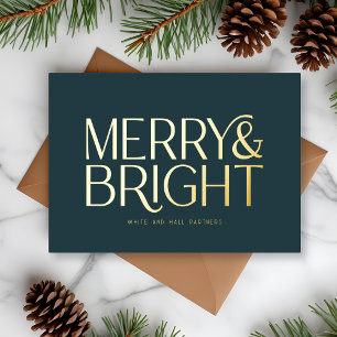 Minimalist Merry and Bright Business Blue Gold Foil Holiday Card