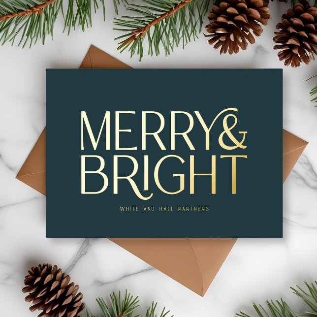 Minimalist Merry and Bright Business | Blue Gold  Foil Holiday Card (Creator Uploaded)