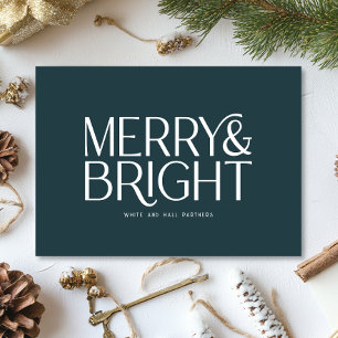 Minimalist Merry and Bright Business   Blue Holiday Card