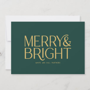 Minimalist Merry and Bright Business   Green Gold  Holiday Card