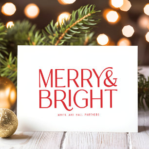 Minimalist Merry and Bright Business Red White Holiday Card