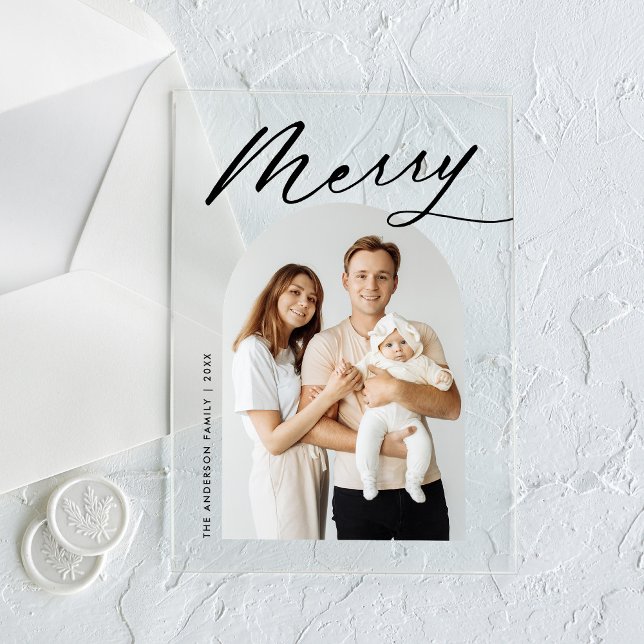 Minimalist Merry Black Script Arch Photo Holiday Acrylic Invitations (Creator Uploaded)