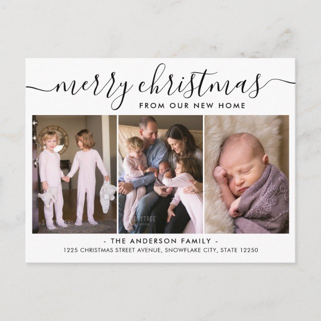 Minimalist Merry Christmas 3 Photo Holiday Moving Announcement Postcard (Front)
