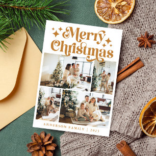 Minimalist Merry Christmas 4 Photo Retro Yellow Holiday Card