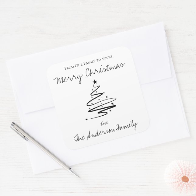 Minimalist Merry Christmas Black White Simple Name Square Sticker (Envelope)