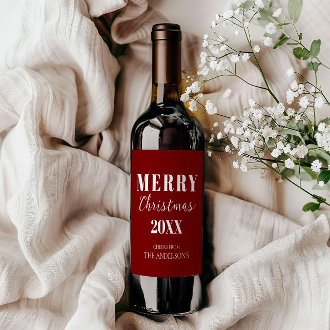Minimalist Merry Christmas Bold Red & White  Wine Label (Creator Uploaded)