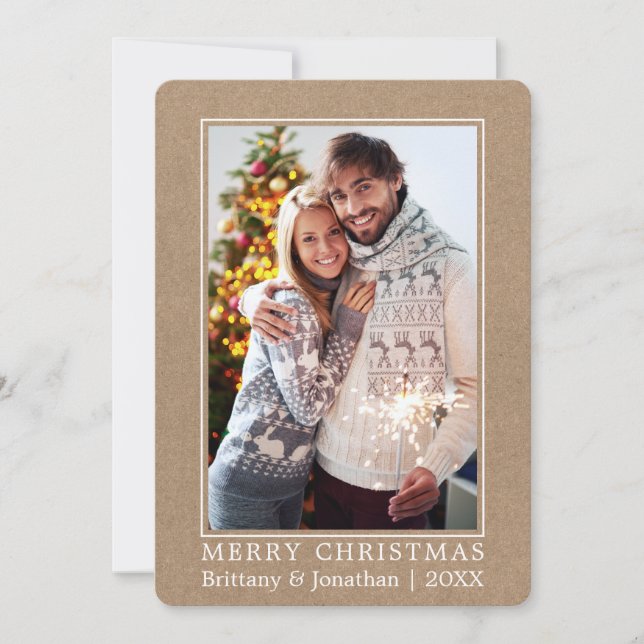 Minimalist Merry Christmas Couple Photo Kraft Holiday Card (Front)