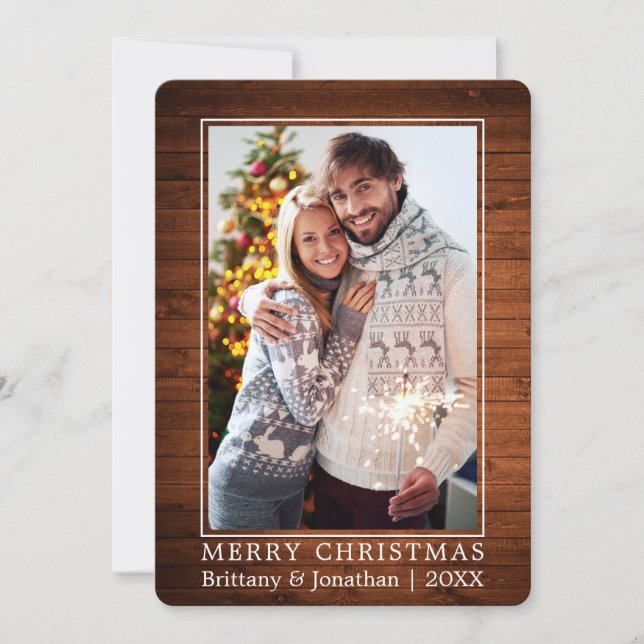 Minimalist Merry Christmas Couple Photo Wood Holiday Card (Front)