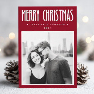 Minimalist Merry Christmas dark deep red photo Holiday Card