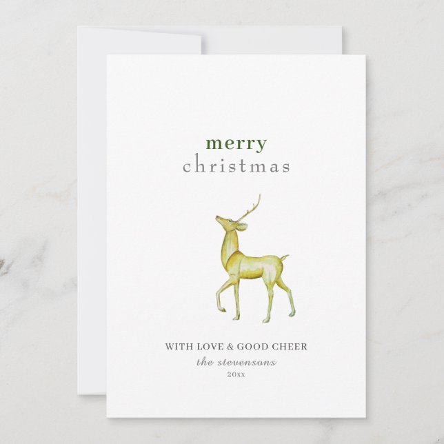 Minimalist Merry Christmas Gold Reindeer Holiday Card (Front)