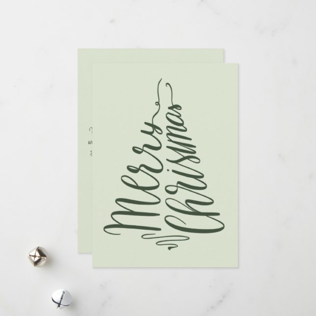 Minimalist Merry Christmas Green Tree Typography Holiday Card (Front/Back In Situ)