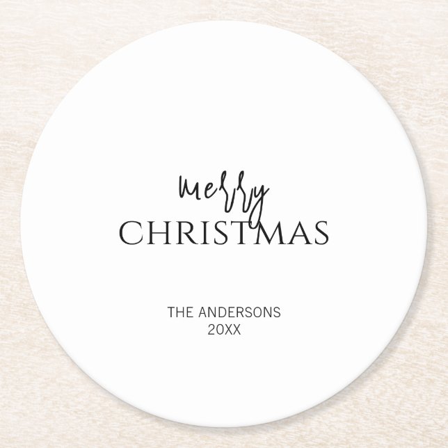 Minimalist Merry Christmas Holiday Round Paper Coaster (Front)