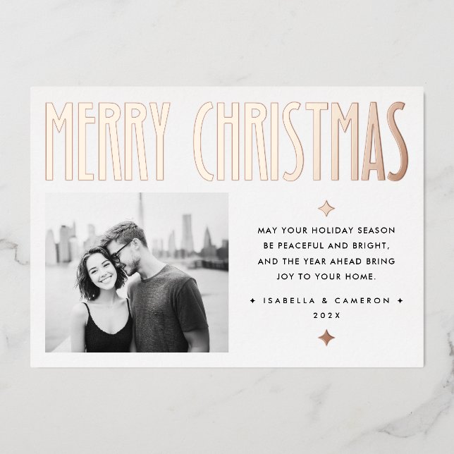 Minimalist Merry Christmas modern retro white Foil Holiday Card (Front)