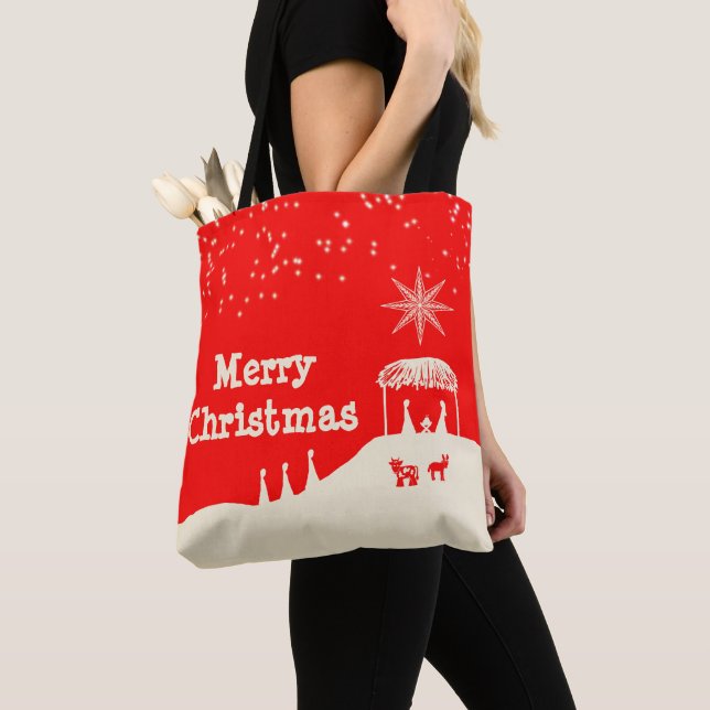Minimalist Merry Christmas Nativity Scene Tote Bag (Close Up)