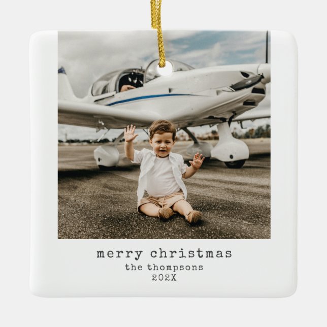 Minimalist Merry Christmas Photo Ceramic Ornament (Front)