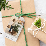 Minimalist Merry Christmas Photo Gift Tags<br><div class="desc">This minimalist modern holiday gift tag features one large of your favourite personal photo layout on top of the card. The pine green and white tag design says "Merry Christmas" in elegant,  trendy handwritten script calligraphy typography,  and family name in a classic san serif font.</div>