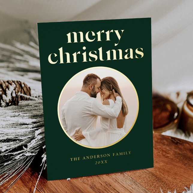 Minimalist Merry Christmas Photo Green and Gold Foil Holiday Card (Creator Uploaded)