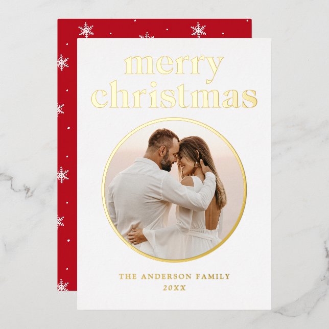 Minimalist Merry Christmas Photo Red and Gold Foil Holiday Card (Front/Back)
