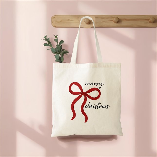 Minimalist Merry Christmas Red Bow  Tote Bag (Creator Uploaded)