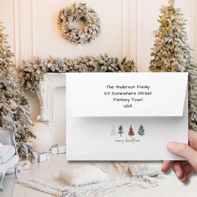 Minimalist Merry Christmas Retro Line Art Trees Envelope (Creator Uploaded)