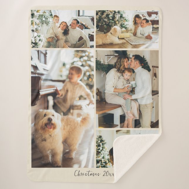 Minimalist Merry Christmas Script 5 Photo Collage  Sherpa Blanket (Front)