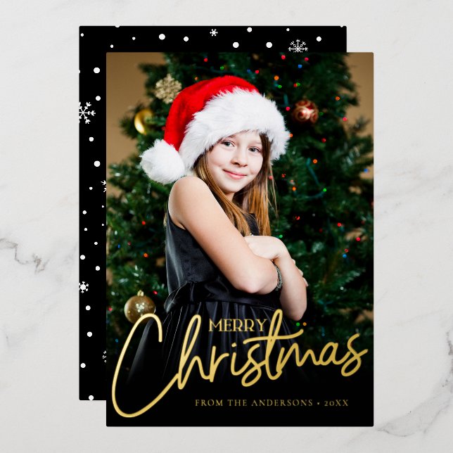 Minimalist Merry Christmas Script Photo  Foil Holiday Card (Front/Back)