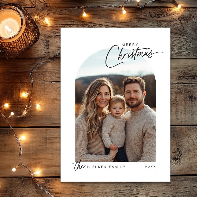 Minimalist Merry Christmas Script Photo Holiday Card (Shown on a 5" x 7" card)