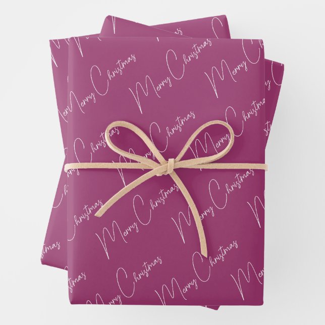 Minimalist Merry Christmas Script Purple Wrapping Paper Sheet (In situ)