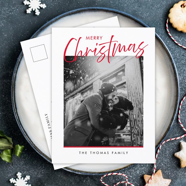 Minimalist Merry Christmas Simple Red Photo  Holiday Postcard (Creator Uploaded)