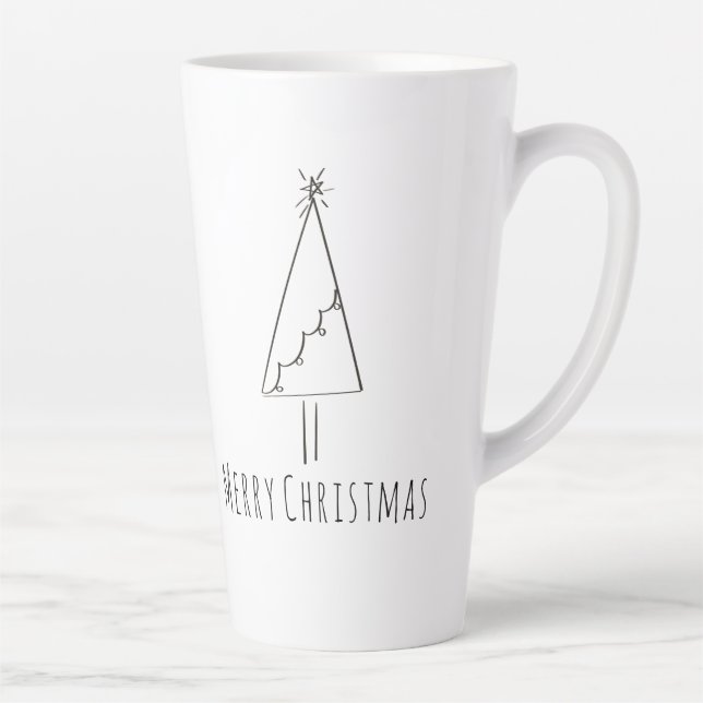 Minimalist Merry Christmas Tree Line Art  Latte Mug (Right)