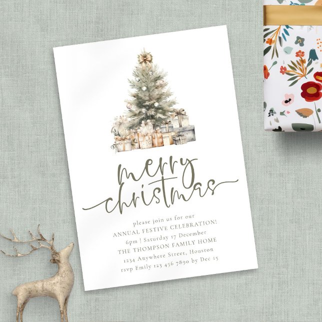 Minimalist Merry Christmas Tree Sage Script Party Invitation (invitation)