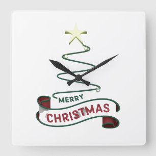 Minimalist Merry Christmas Tree with Star Design Square Wall Clock