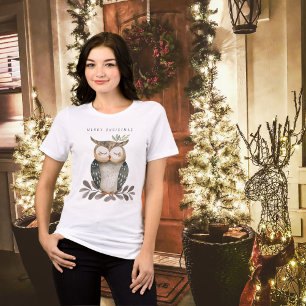 Minimalist Merry Christmas Watercolor Owl Tri-Blend Shirt